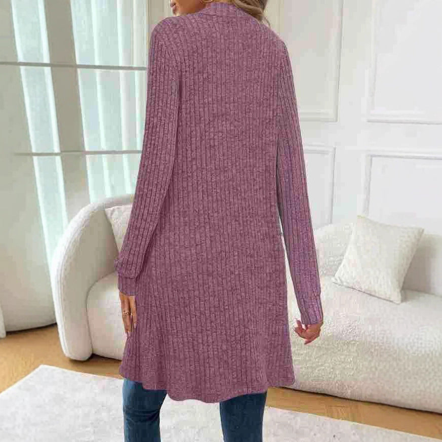 Damen Strick-Cardigan mit Rippmuster und Taschen, Lang, Offen