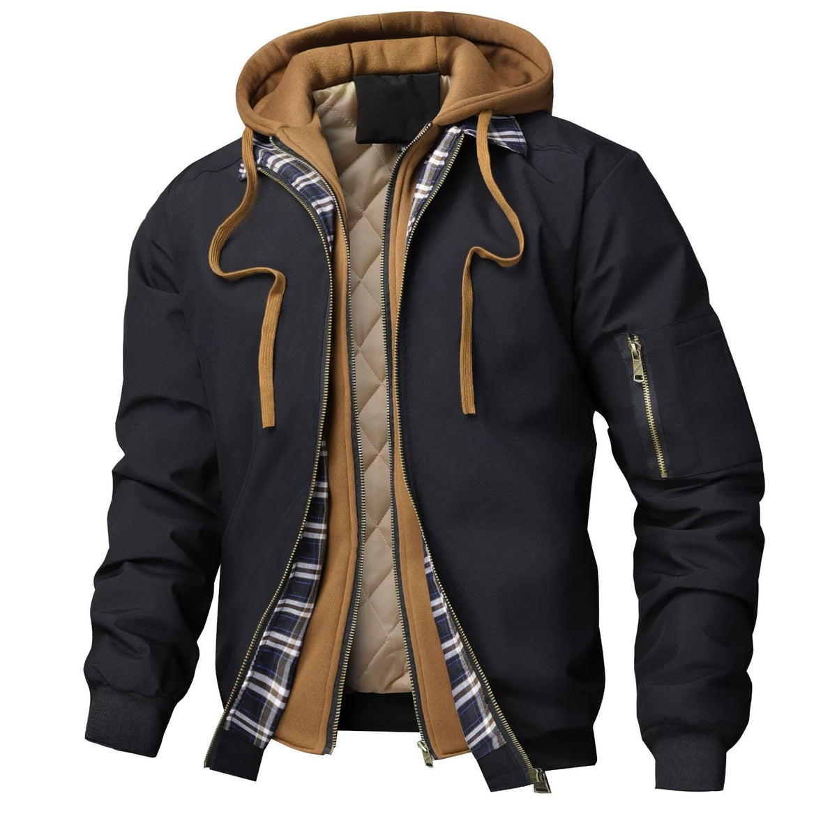 Herren Bomberjacke mit Kapuze und Karofutter - Schwarz