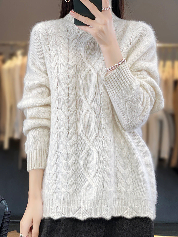 Damen Zopfstrick Pullover in Naturbeige mit Rundhalsausschnitt und Rippbündchen