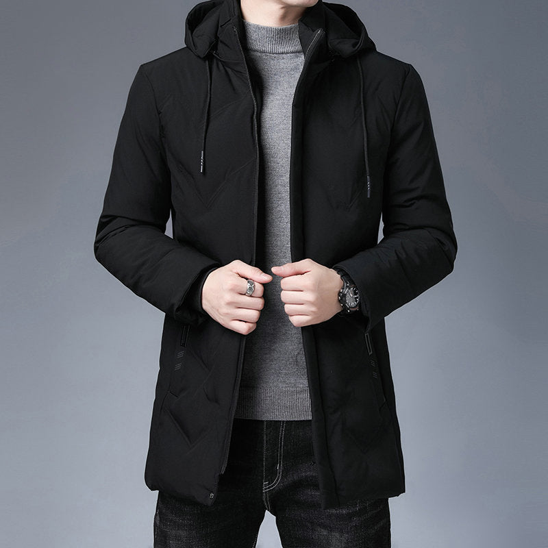 Herren Steppjacke mit Kapuze, mittellang, Reißverschluss, Schwarz