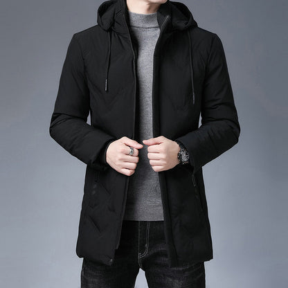 Herren Steppjacke mit Kapuze, mittellang, Reißverschluss, Schwarz