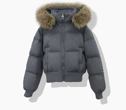 Kurze Pufferjacke für Damen mit Kunstfellkapuze und Glitzerdetails