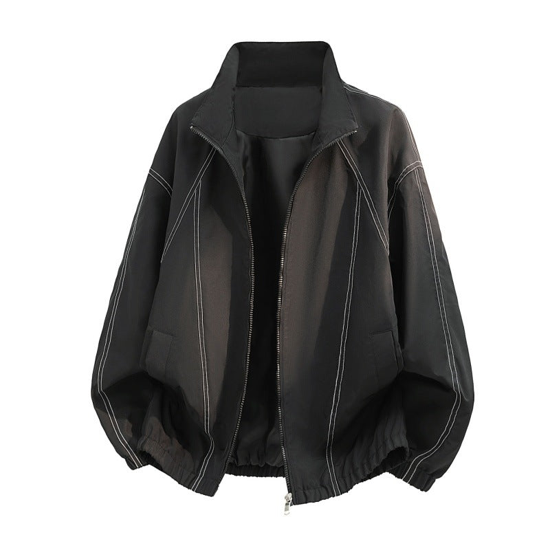 Übergangsjacke mit Stehkragen, Reißverschluss und weißen Kontrastnähten