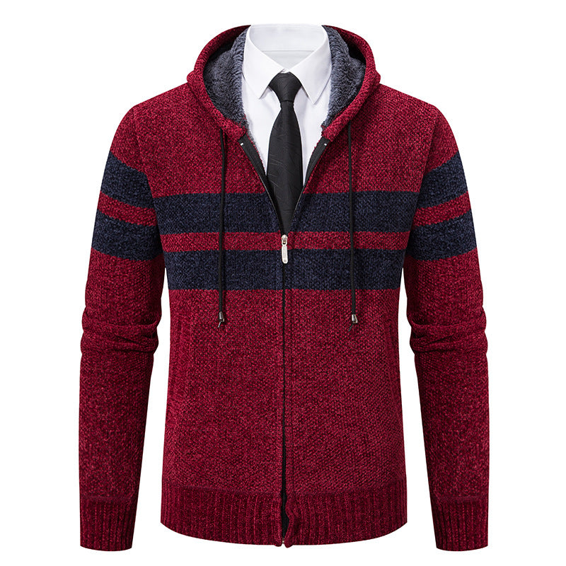 Herren Strickjacke mit Kapuze, Reißverschluss und Streifen, gefütterter Kapuzenpullover