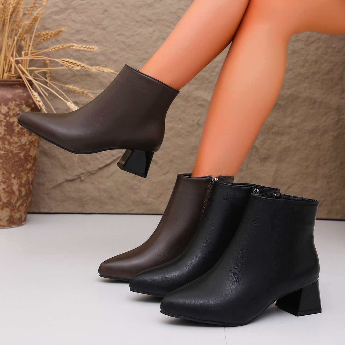 Damen Stiefelette Braun/Schwarz mit Reißverschluss und Blockabsatz