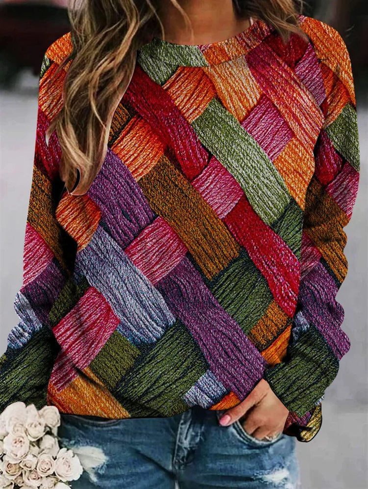 Damen Langarmshirt mit mehrfarbigem Patchwork- oder Strickmuster-Druck