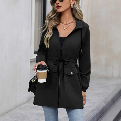 Damen Kapuzenjacke Schwarz mit Kordelzug in der Taille