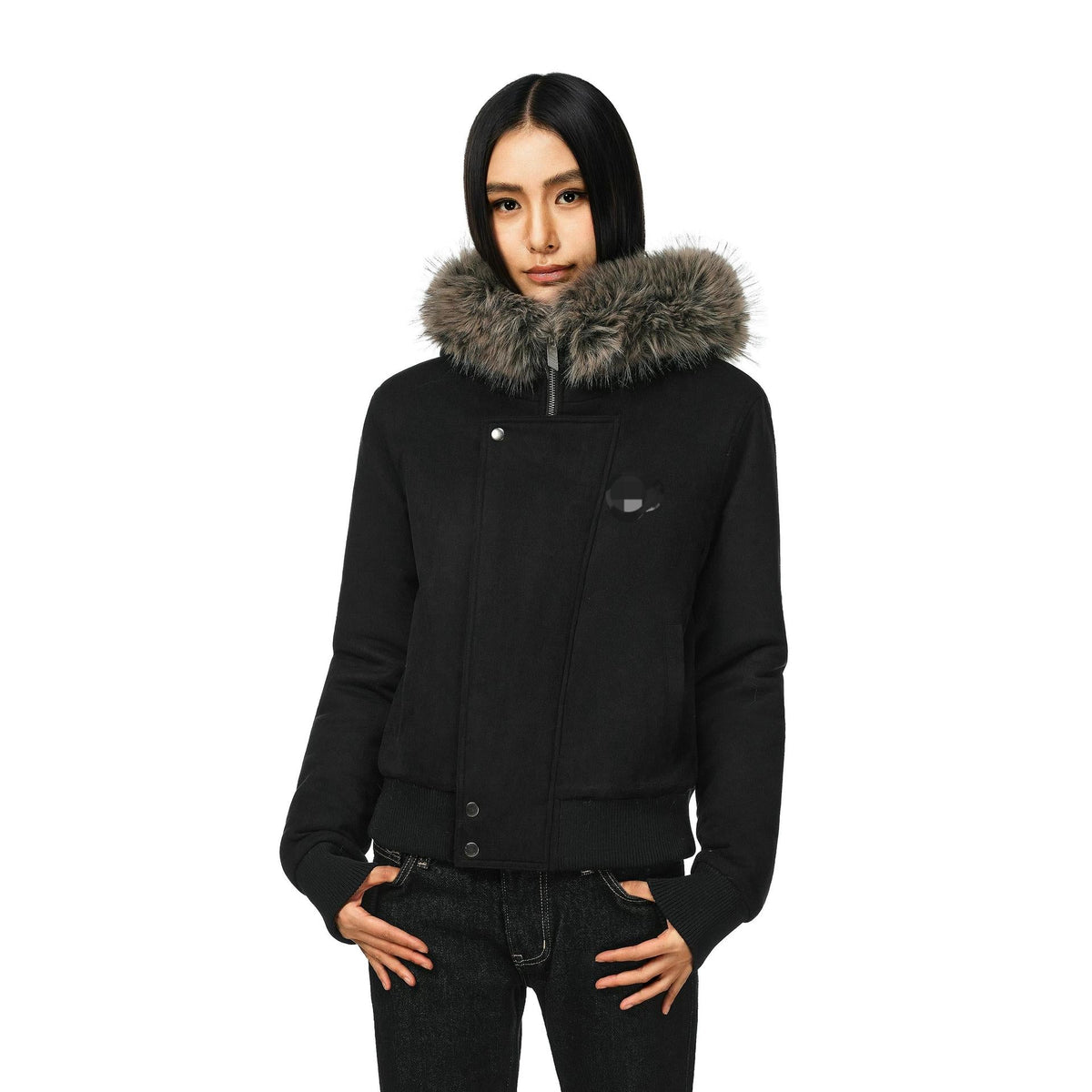 Damen Bomberjacke mit Kapuze, Kunstfellbesatz und Reißverschluss