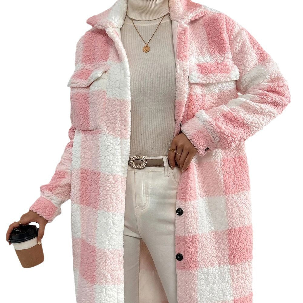 Damen Karierter Teddy Mantel Lange Shacket Jacke mit Knöpfen