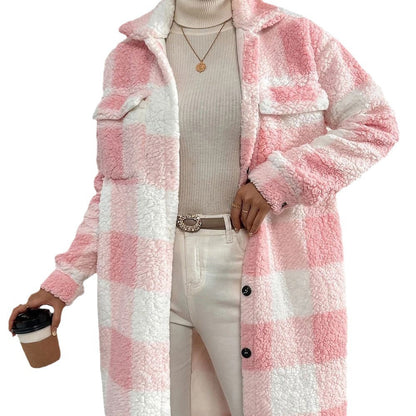 Damen Karierter Teddy Mantel Lange Shacket Jacke mit Knöpfen