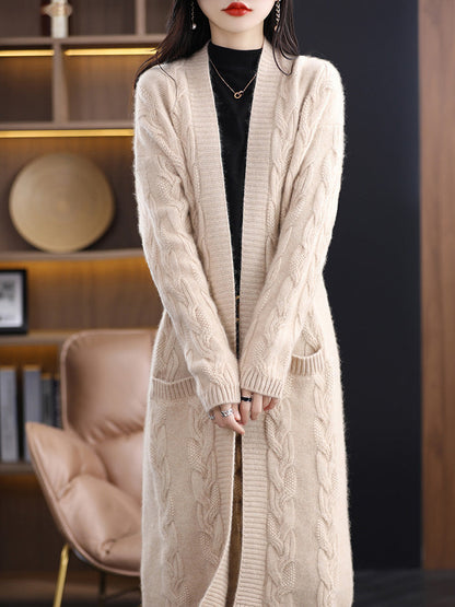 Damen Langer Strick-Cardigan mit Streifen oder Zopfmuster