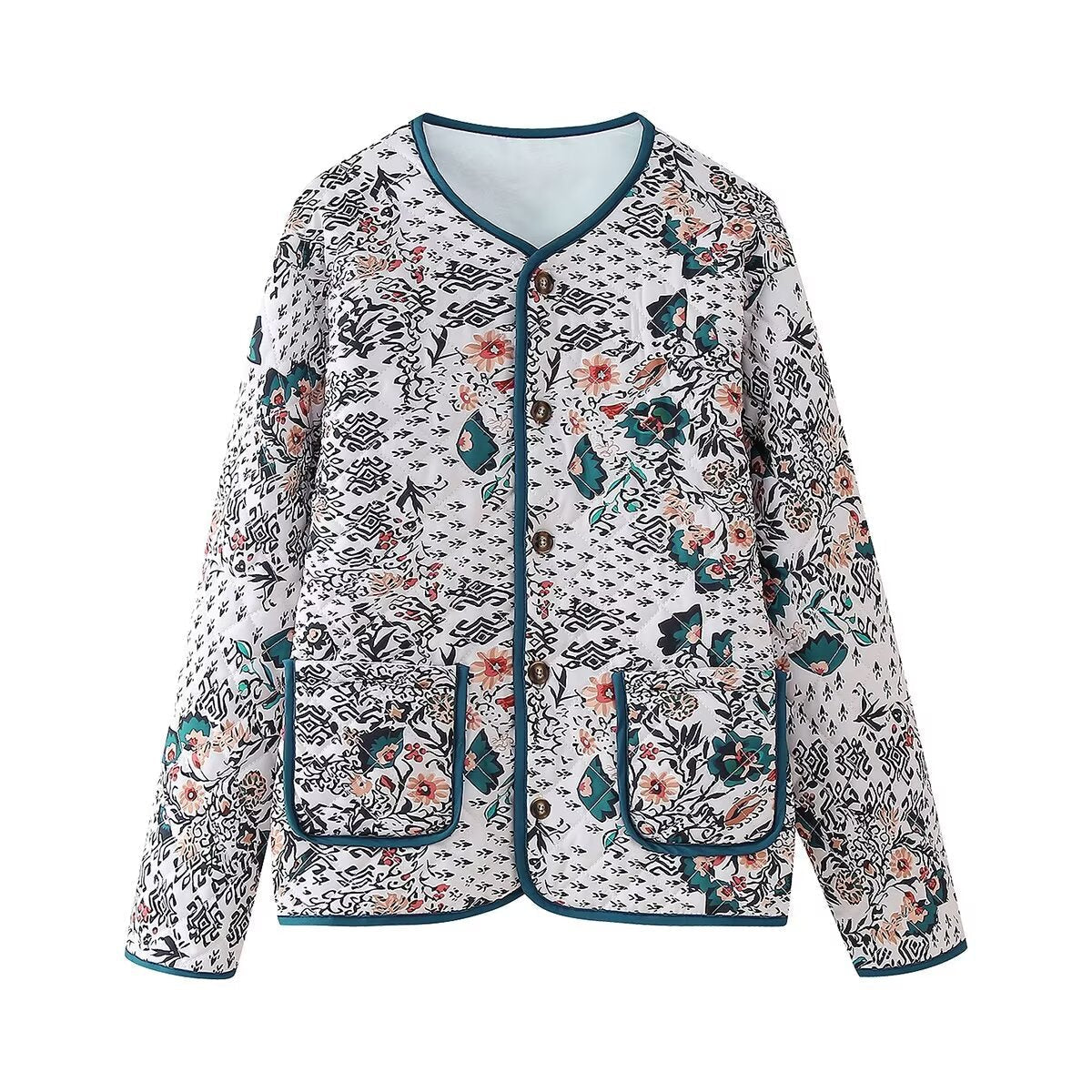 Damen Steppjacke im Blumenmuster mit Kontrastbesatz