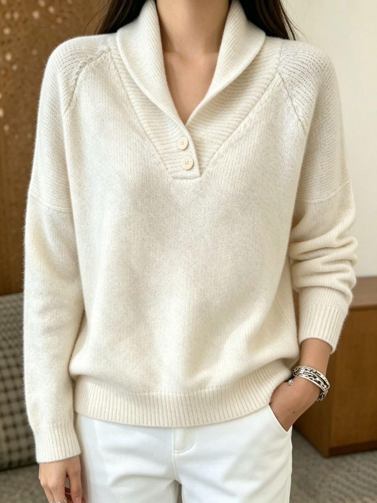 Damen Schalkragen Pullover mit Knöpfen - Weiches Strickoberteil