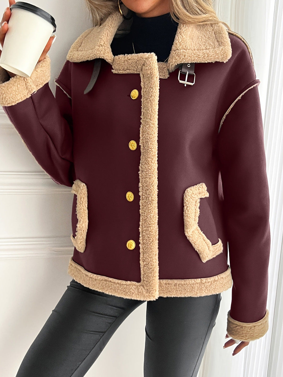 Damen Kurzjacke mit Teddyfutter, Kunstleder-Optik, Braun/Beige