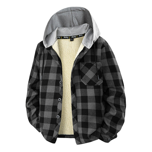 Karierte Herren Holzfällerjacke mit Kapuze und Sherpa-Futter