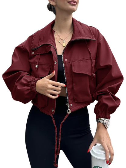 Kurze Damen Bomberjacke mit Stehkragen & Taschen