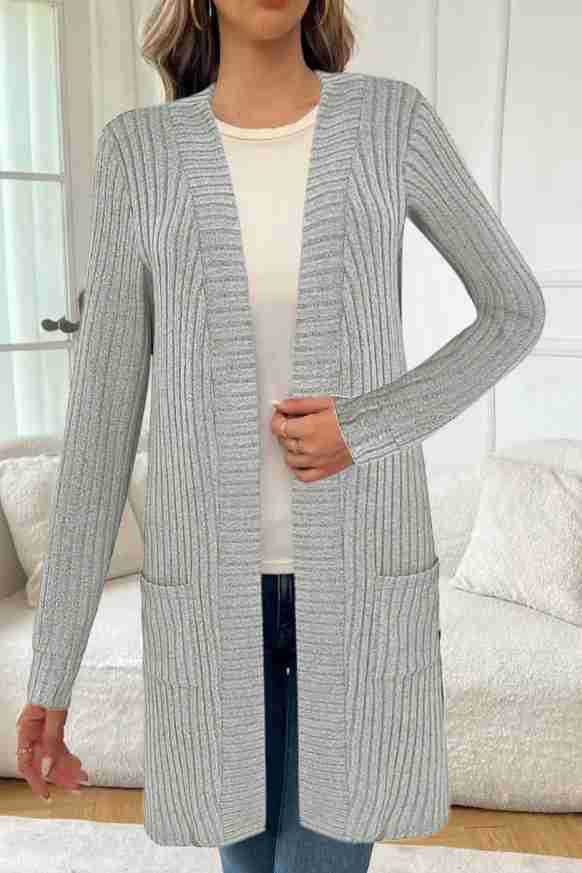 Damen Strick-Cardigan mit Rippmuster und Taschen, Lang, Offen