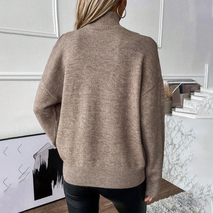 Damen Strickpullover Cold Shoulder Rollkragen Oversize V-Ausschnitt