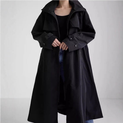 Damen Langer Mantel Schwarz mit Kapuze und weitem Schnitt