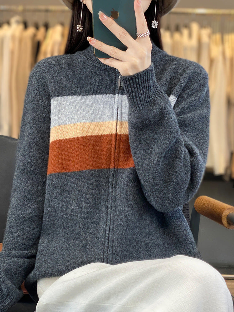 Damen Strickjacke mit Reißverschluss, Stehkragen und Farbblock-Design in Grau