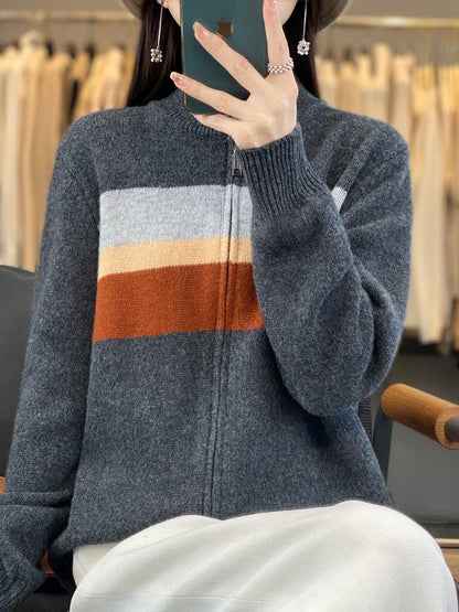 Damen Strickjacke mit Reißverschluss, Stehkragen und Farbblock-Design in Grau