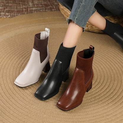 Damen Stiefelette mit Blockabsatz und Strickeinsatz in Braun