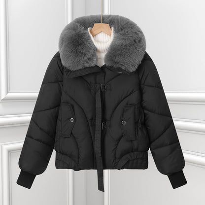 Damen Winter Steppjacke mit großem Fellkragen Kurz Wattierte Jacke