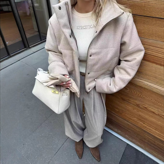 Kurze Damen Übergangsjacke Beige mit Stehkragen