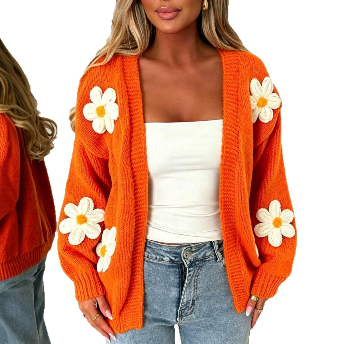 Damen Strickjacke mit offenen Blütenapplikationen