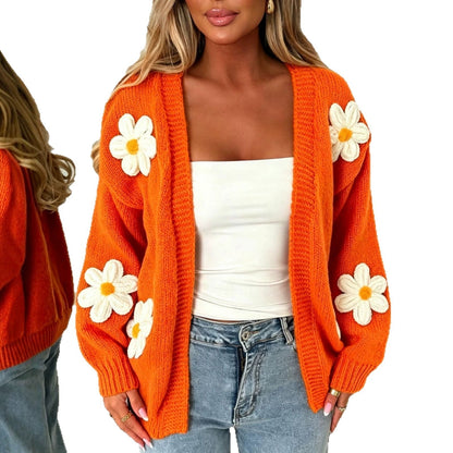 Damen Strickjacke mit offenen Blütenapplikationen