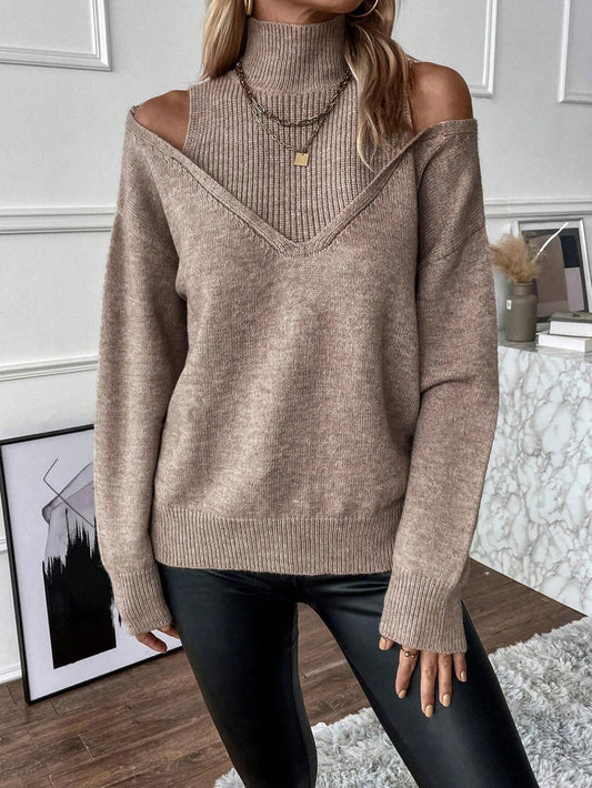 Damen Strickpullover Cold Shoulder Rollkragen Oversize V-Ausschnitt