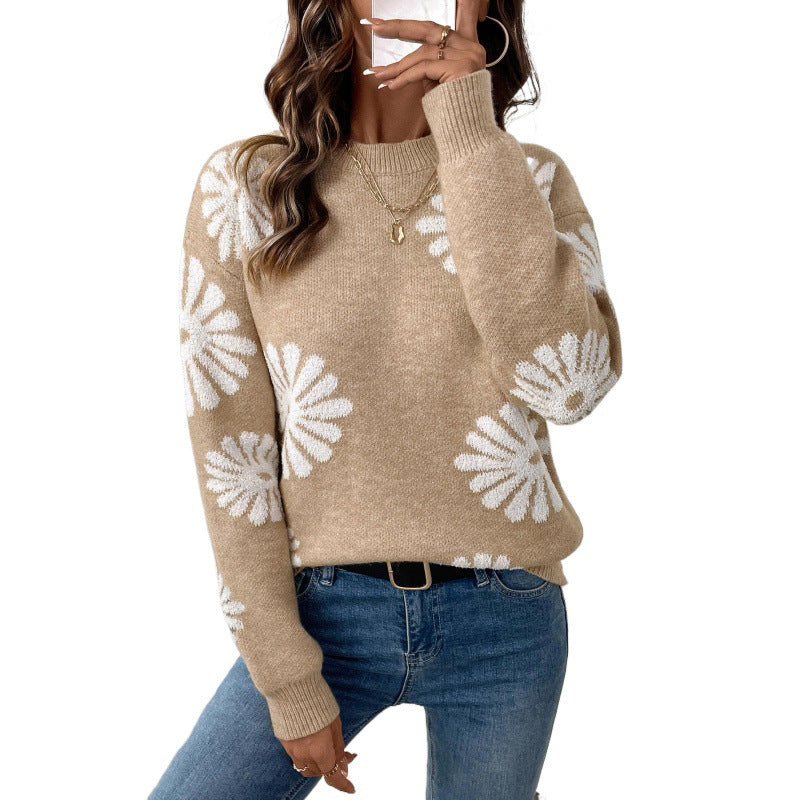 Damen Pullover Beige mit weißen Blumenmuster Rundhalsausschnitt Langarm Strick