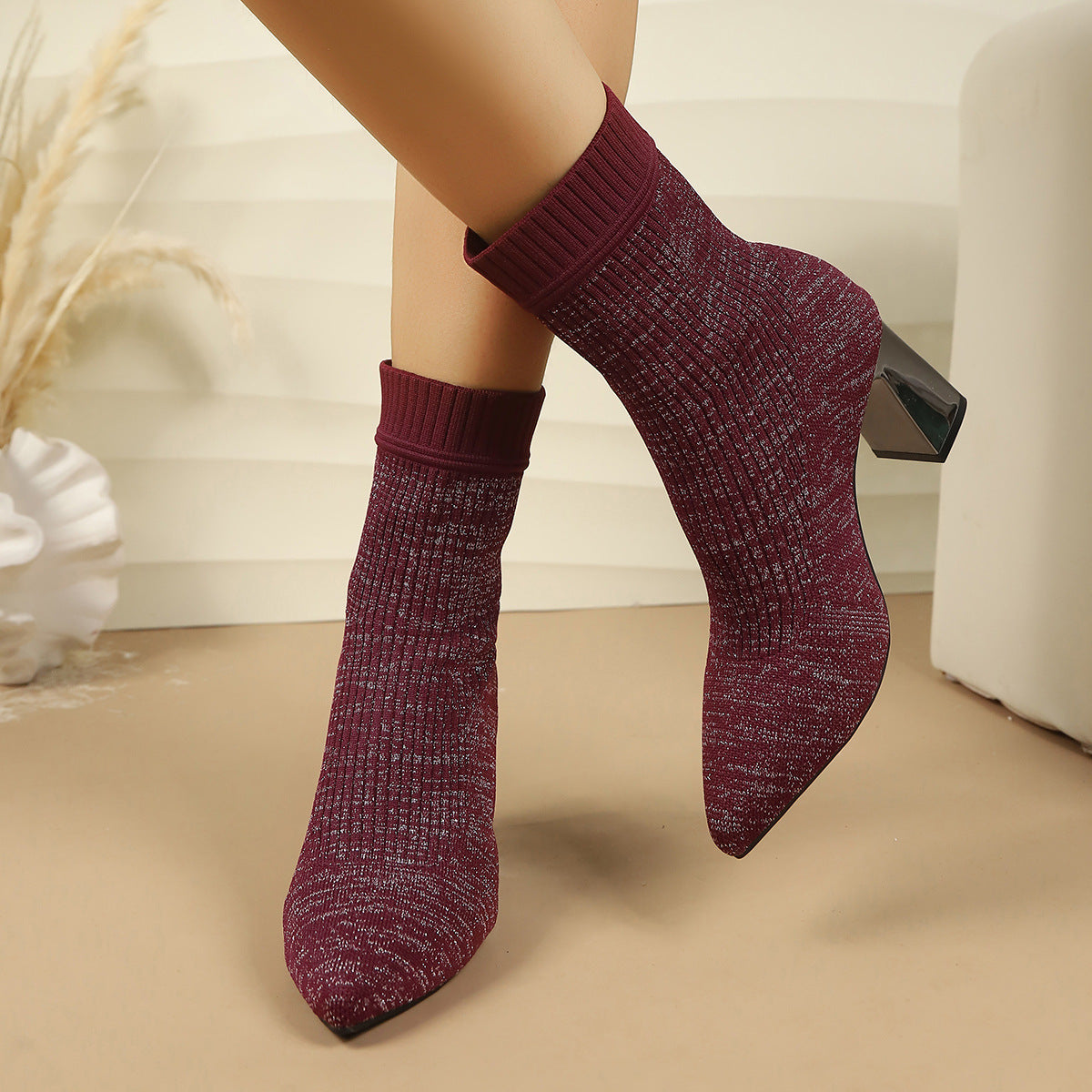 Damen Strickstiefeletten Spitzer Zeh Blockabsatz Glitzerndes Garn Socken Stiefeletten