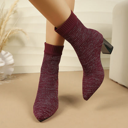 Damen Strickstiefeletten Spitzer Zeh Blockabsatz Glitzerndes Garn Socken Stiefeletten