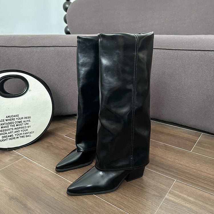 Damen Stiefel in Falten-Optik mit spitzer Zehenpartie und Blockabsatz