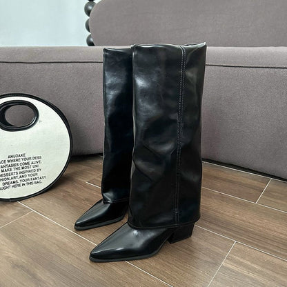 Damen Stiefel in Falten-Optik mit spitzer Zehenpartie und Blockabsatz