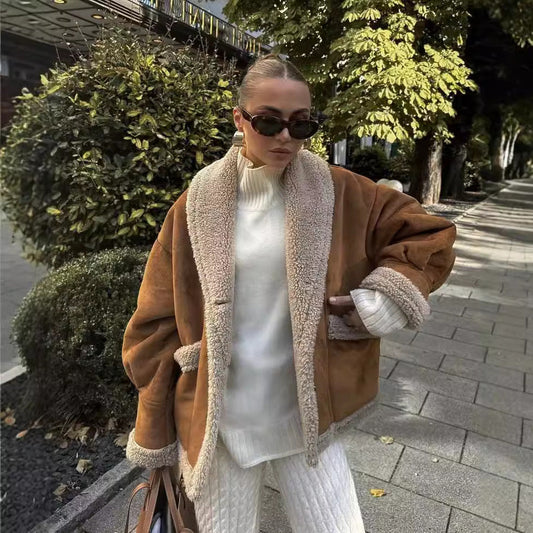 Damen Kurzjacke mit Teddyfleece Futter, Knöpfen & Taschen