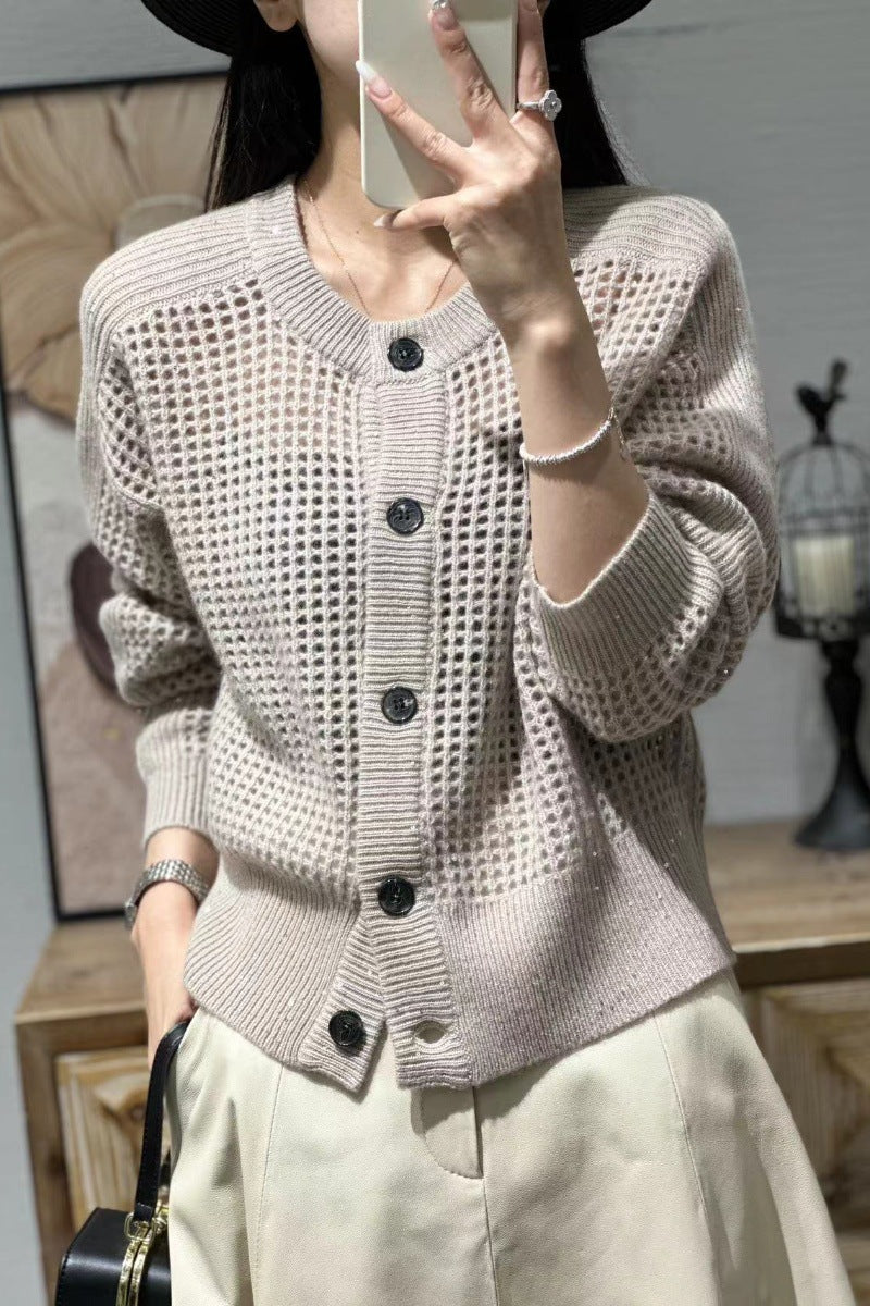 Damen Strick-Cardigan mit Lochmuster und Knopfleiste