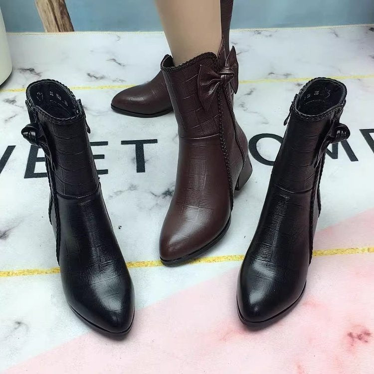 Damen Stiefeletten mit Schleife und Zopfmuster Applikation
