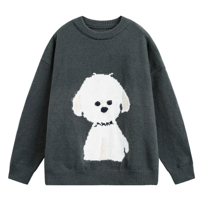 Unisex Strickpullover mit Rundhalsausschnitt und Hundemotiv