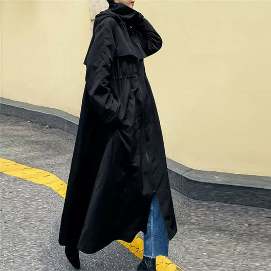 Damen Langer Mantel Schwarz mit Kapuze und Kordelzug Taille