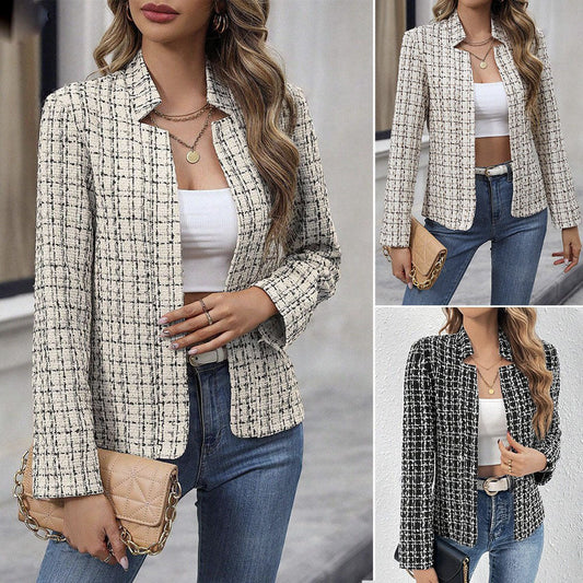Damen Tweed-Blazer Jacke mit kariertem Muster und offenem Revers