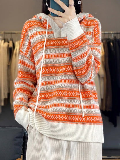 Strick Pullover mit Kapuze und Norwegermuster, Orange-Weiß oder Schwarz-Weiß