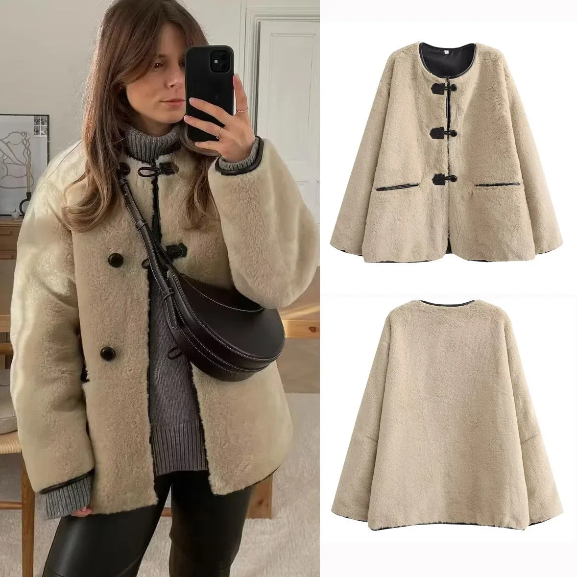 Damen Kurzjacke mit Fell-Optik, beigefarben, Rundhalsausschnitt, Knebelknöpfe
