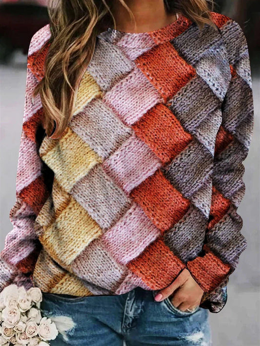 Damen Langarmshirt mit mehrfarbigem Patchwork- oder Strickmuster-Druck
