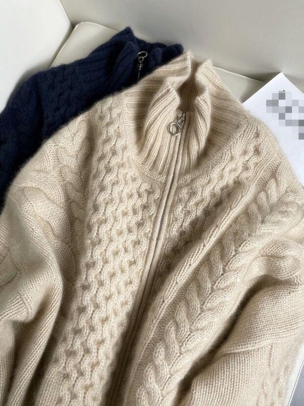 Damen Strickjacke mit Reißverschluss und Zopfmuster Hochgeschlossen