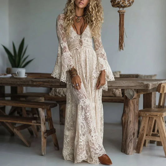 Damen Spitzen Maxikleid Beige V-Ausschnitt Glockenärmel Boho Stil