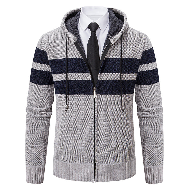 Herren Strickjacke mit Kapuze, Reißverschluss und Streifen, gefütterter Kapuzenpullover