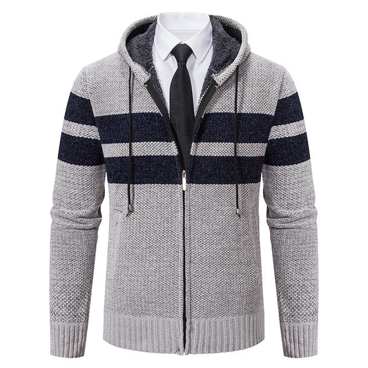 Herren Strickjacke mit Kapuze, Reißverschluss und Streifen, gefütterter Kapuzenpullover