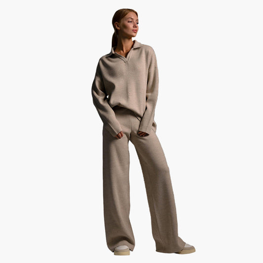 Damen Loungewear Set – Strick – Oversize Pullover mit Kragen und Weite Hose – Perfekt für Zuhause und Freizeit